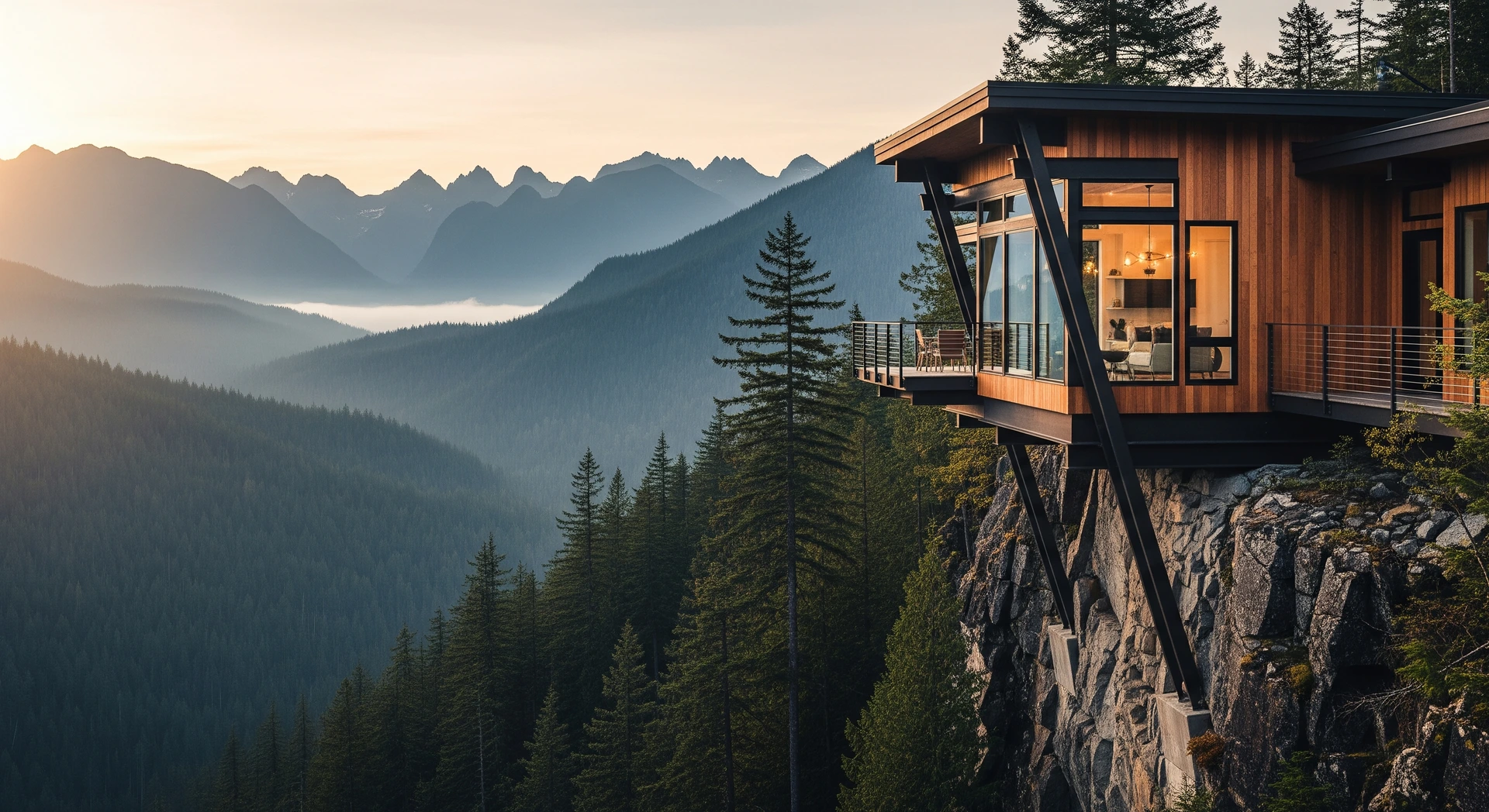 Modern cantilevered short-term rental on a forested cliff at golden hour, RevFactor revenue strategy
