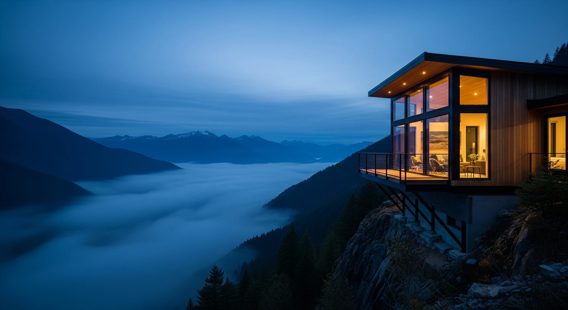 Modern clifftop short-term rental at dusk above a cloud sea, RevFactor revenue strategy