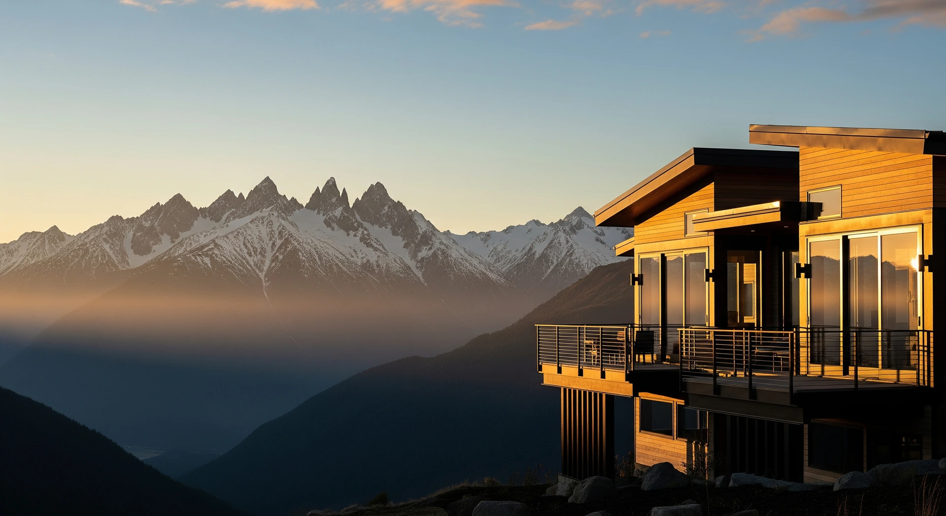 Modern luxury short-term rental at sunset above snow-capped peaks, RevFactor revenue strategy