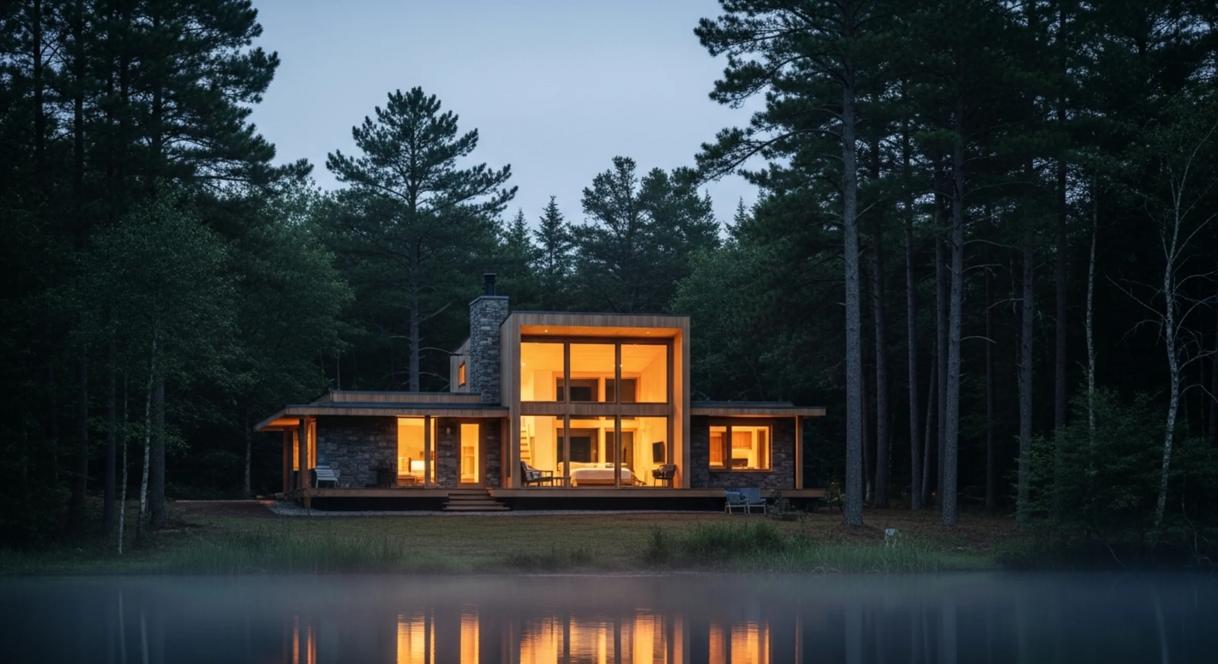 A short-term rental cabin glowing softly in a deep pine grove at dusk — the Strategise phase of the RevFactor Method, where the property is read against its real comp set