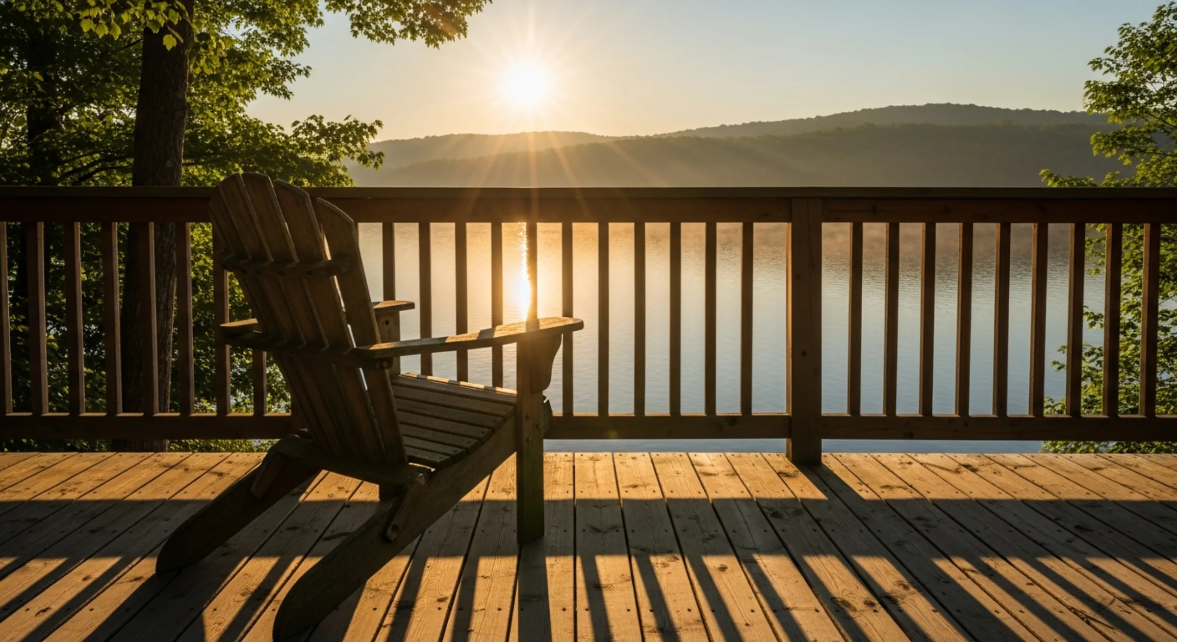 A single Adirondack chair on the empty deck of a lake cabin at golden hour — an unsold night, gone forever