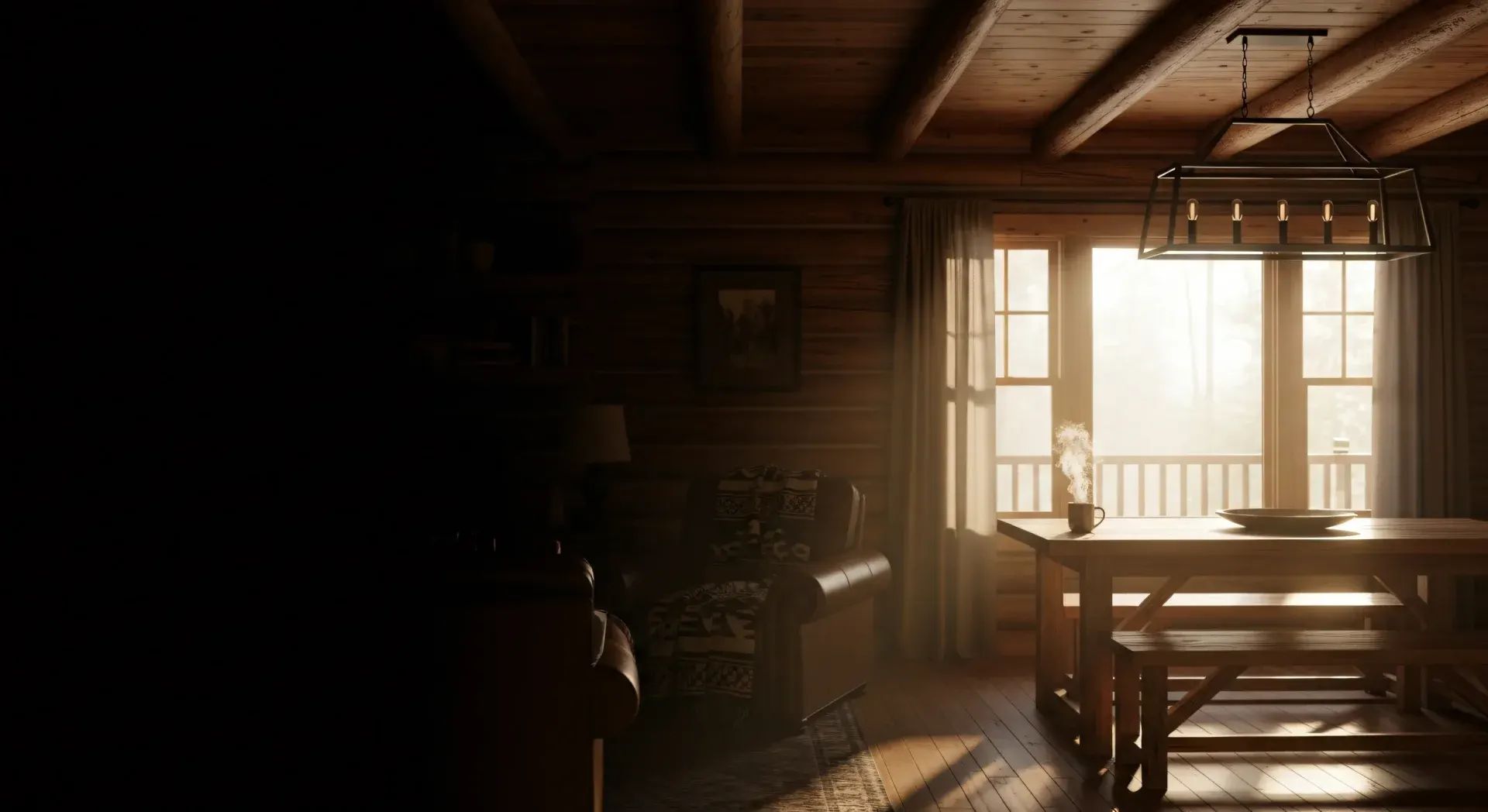 A rustic log-cabin short-term rental interior at dawn with steaming coffee on a wooden farmhouse table, warm light streaming in from a forest window — the quiet moment before you do the math on ADR and RevPAR.