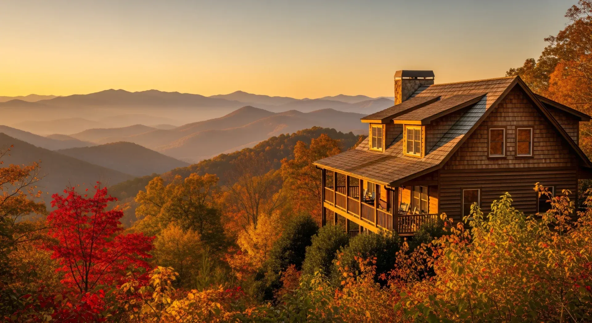 A cedar-clad mountain cabin on a ridge at sunset, autumn maples in red and gold in front of it and layered blue ridges fading behind.