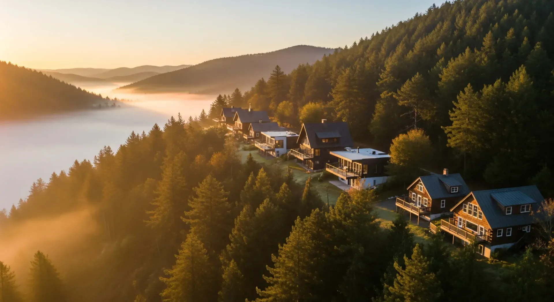 An aerial sunrise view of five architecturally distinct short-term rental cabins spread along a wooded mountain ridge — log, A-frame, modern, traditional, cedar-shingle — the competitive set seen the way a guest sees it before they book.
