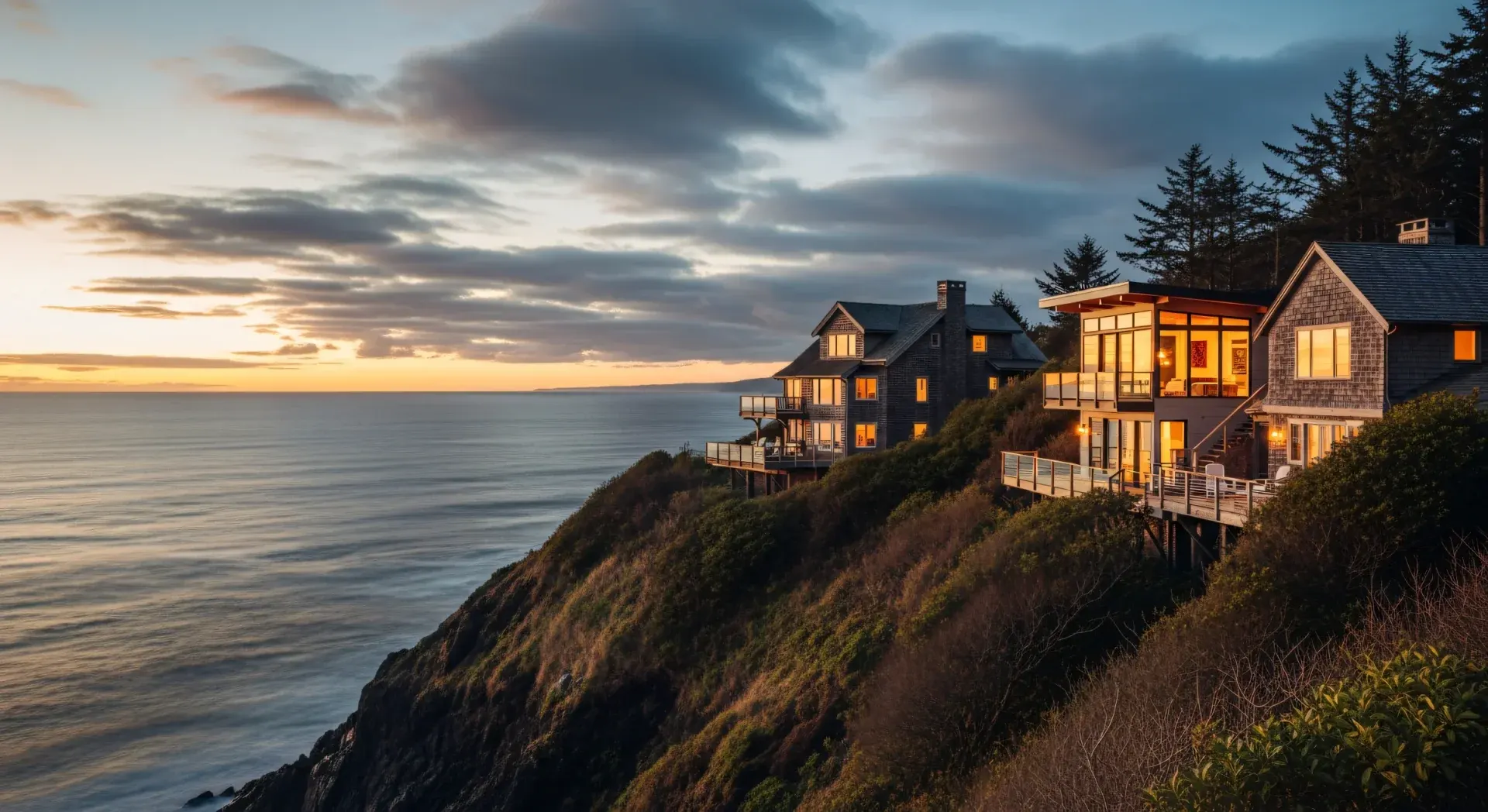 A cliffside short-term rental above open water at dusk, the kind of single premium listing where the choice between a $20 pricing tool and a managed service is worth several thousand dollars a season.
