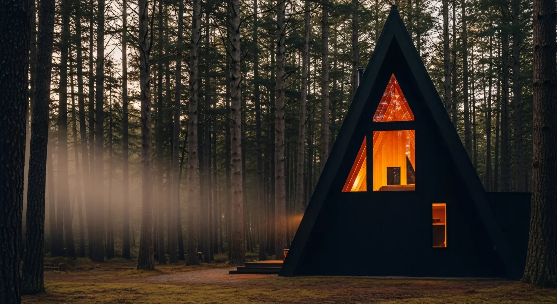 A black A-frame short-term rental cabin glowing warmly from within at twilight, mist drifting through a Pacific Northwest pine forest — the disciplined-craft atmosphere behind the RevFactor Method's Discover / Strategise / Optimise framework.