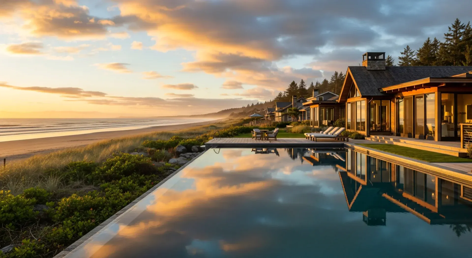 A luxury coastal short-term rental villa at golden hour with an infinity pool reflecting dramatic sunset clouds and an open Pacific beach — the kind of premium inventory operators commonly hand to a full-service property manager that bundles dynamic pricing with the rest of the operational stack.