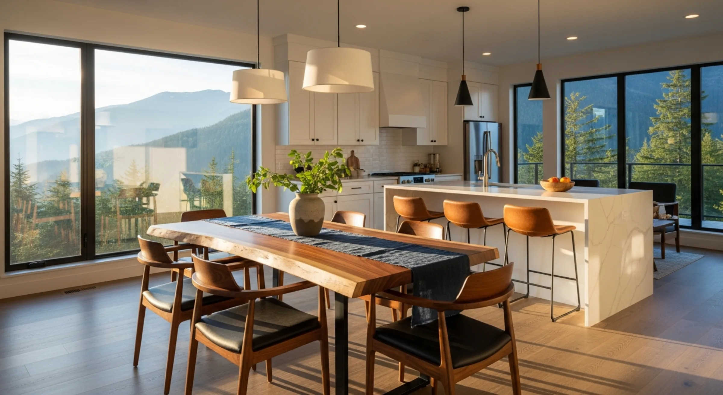 A wide editorial shot of a modern short-term rental's open dining and kitchen — live-edge wood dining table with leather chairs, white shaker kitchen with pendant lights, large windows opening onto a forested mountain view at golden hour. The designed property the strategy actually operates on.