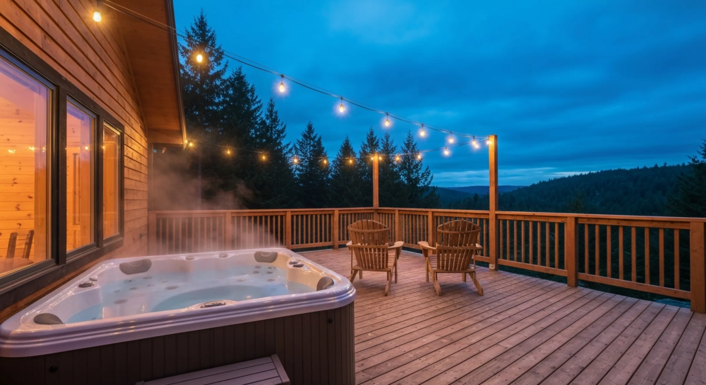 A wide editorial shot of a designed short-term rental's hot tub deck at twilight — cedar deck overlooking a forest valley, hot tub steam rising, two empty Adirondack chairs facing the view, soft string lights overhead, warm cabin windows glowing behind, blue hour sky.