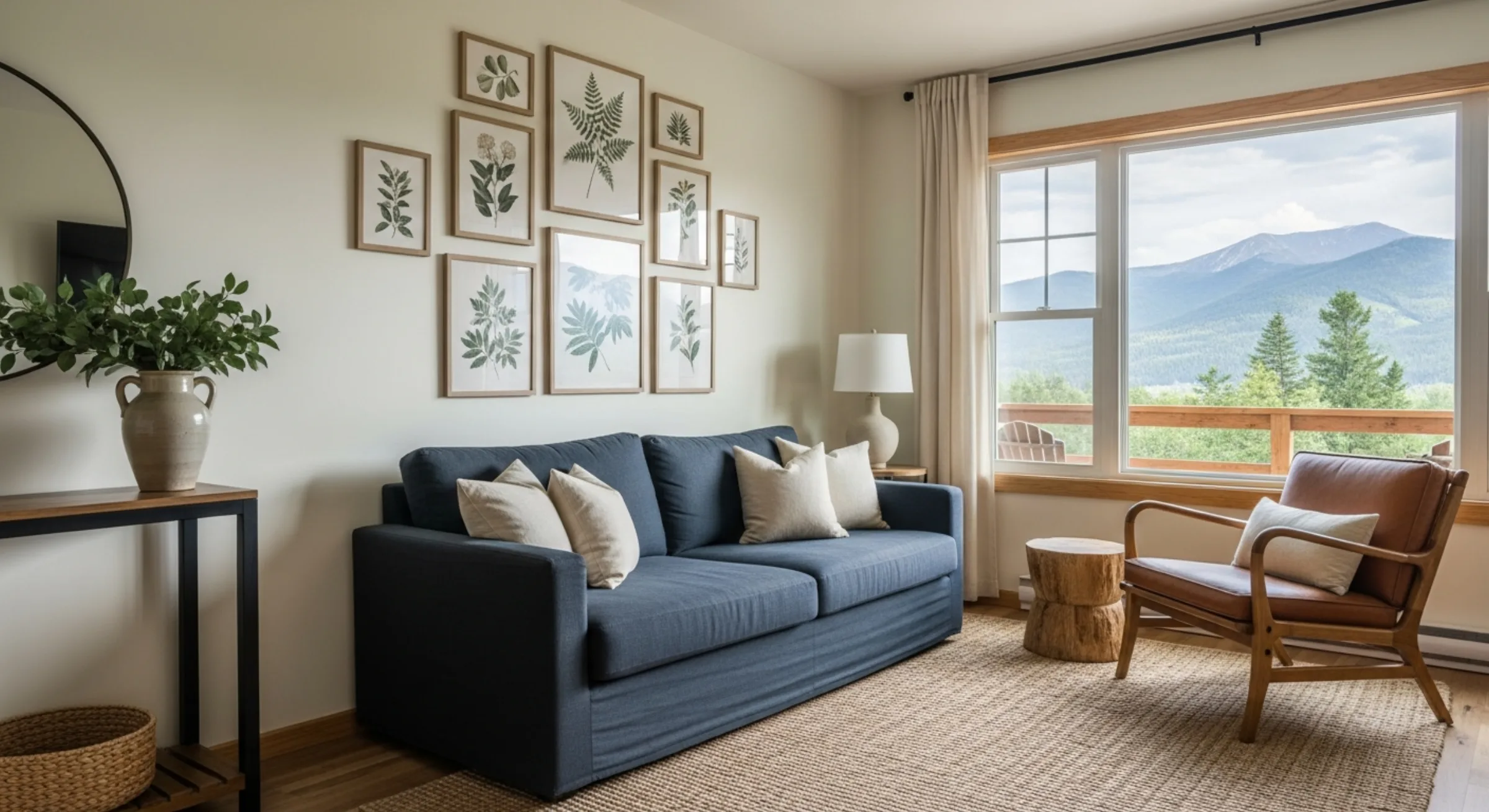 A wide editorial shot of a designed short-term rental living room — gallery wall of framed botanical prints, navy linen sofa with cream pillows, leather armchair, woven rug, large picture window with mountain forest view, soft afternoon light. Real-estate-magazine quality.