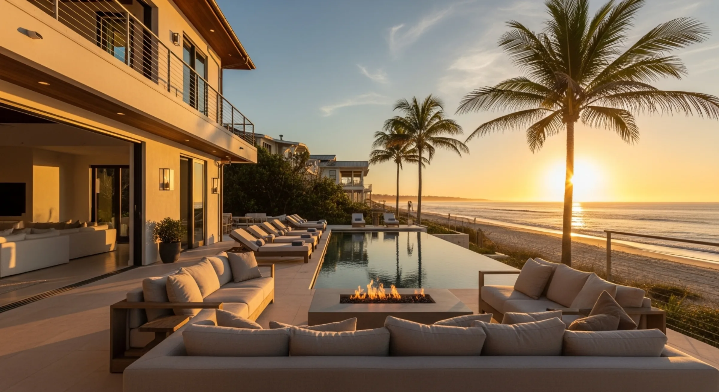 A wide editorial shot of a luxury beachfront short-term rental at golden hour — modern coastal architecture in white plaster and cedar, infinity pool, outdoor lounge with linen sectional and stone fire pit, palm shadows, sun setting over the ocean. The peak-summer demand window made visual.