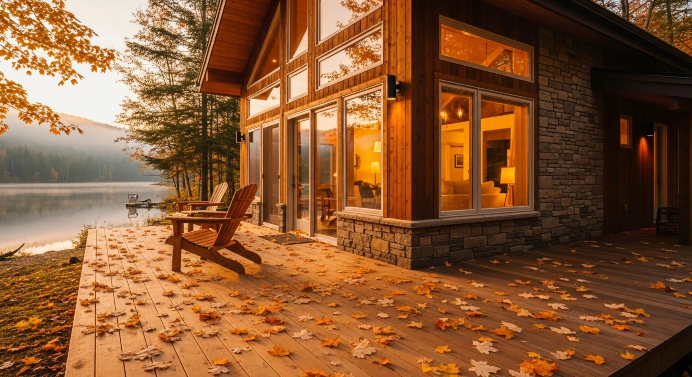 A wood-and-stone short-term rental cabin in late autumn — cedar deck scattered with maple leaves, single Adirondack chair, mist drifting off a still mountain lake, warm interior lights, golden-hour sky. A real STR-style architectural shot, not stock.