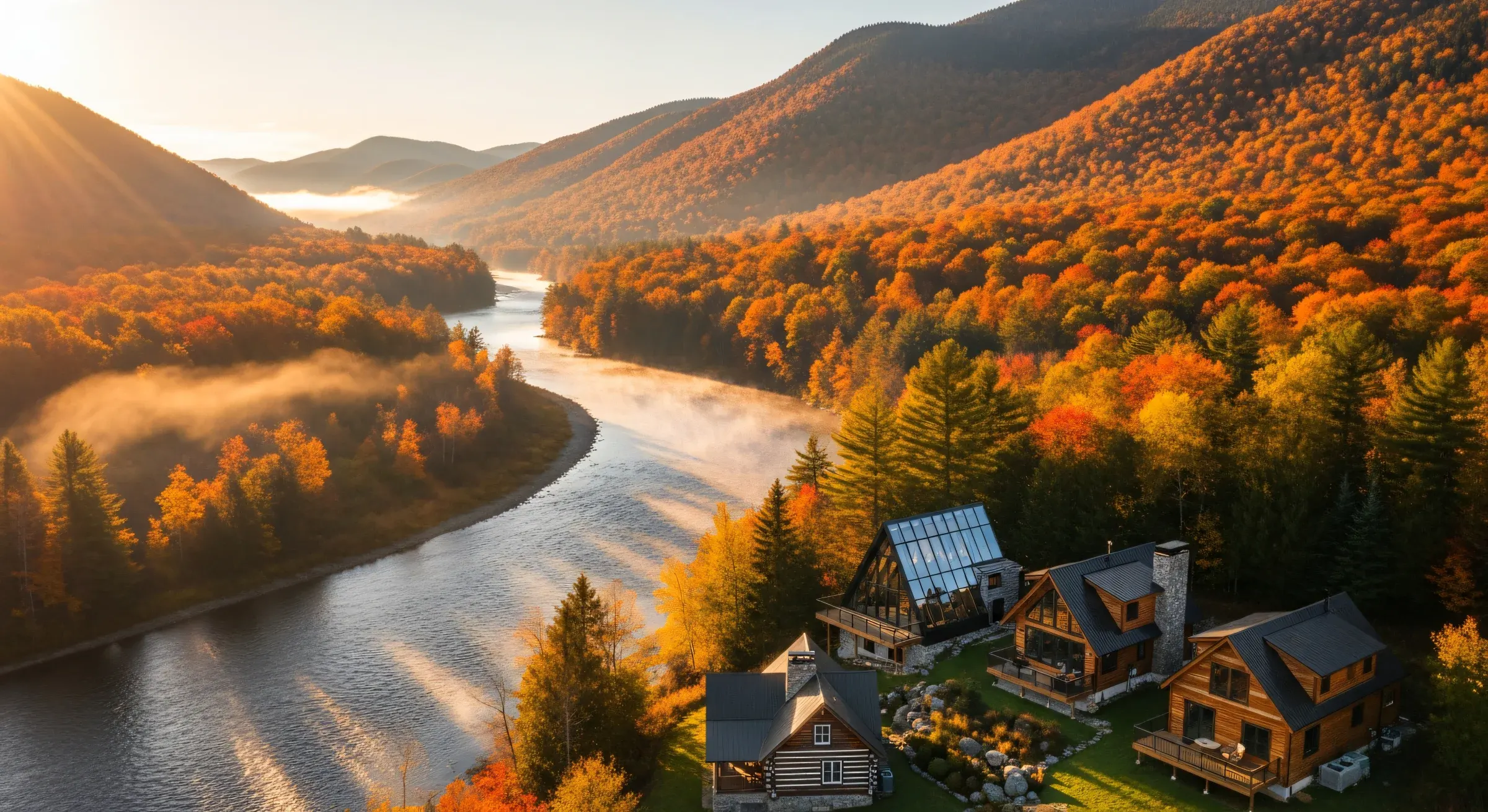 A cluster of riverside cabins in autumn seen from above, comparable properties in one market whose real comp set is smaller and stranger than any auto-built list suggests.