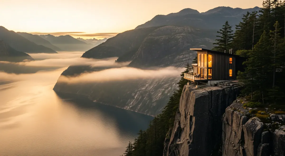 A cliffside short-term rental above still water at first light, a single property whose season is decided by a few dozen pricing decisions.