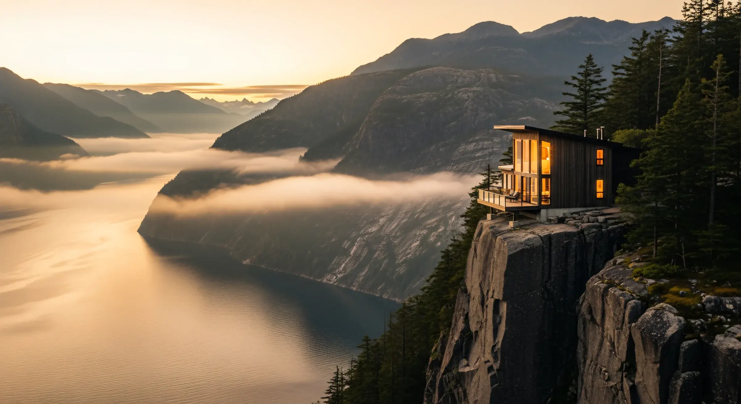 A cliffside short-term rental above still water at first light, a single property whose season is decided by a few dozen pricing decisions.