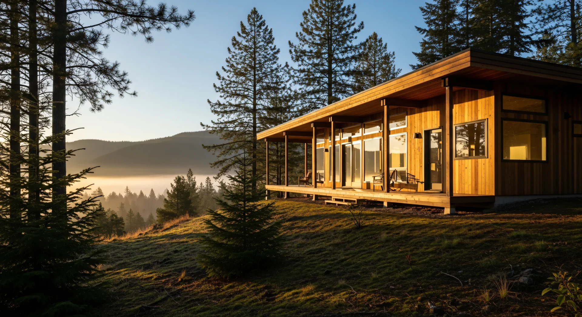 A single low-profile short-term rental among pines at dawn, the one property whose seven levers an owner is about to score before deciding what to buy.