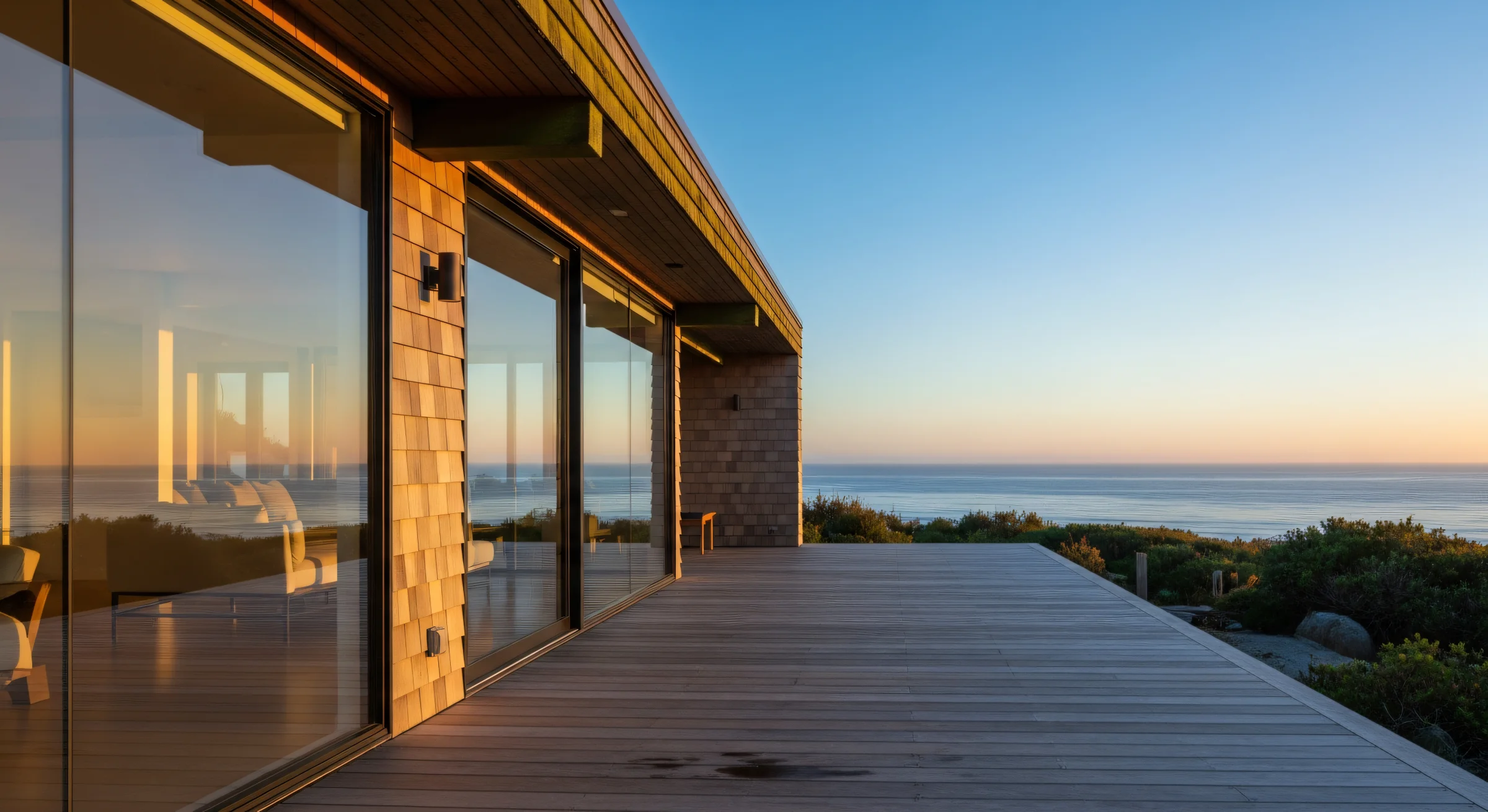 A modern glass-and-cedar coastal short-term rental villa at blue hour, warm light spilling across the deck above the ocean — premium inventory where a single well-timed booking can cover a year of fees.