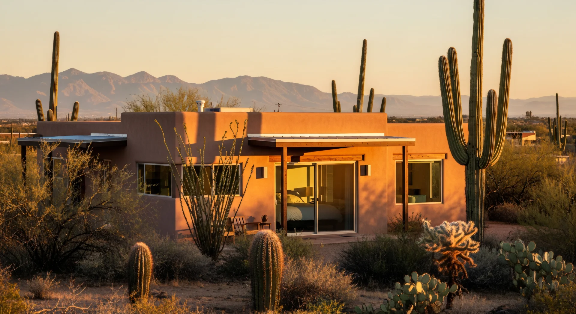 A modern desert adobe short-term rental casita glowing at golden hour in the Tucson foothills, saguaro cacti in the foreground and the Santa Catalina mountains beyond — the kind of non-prestige listing that gains the most from managed revenue strategy.