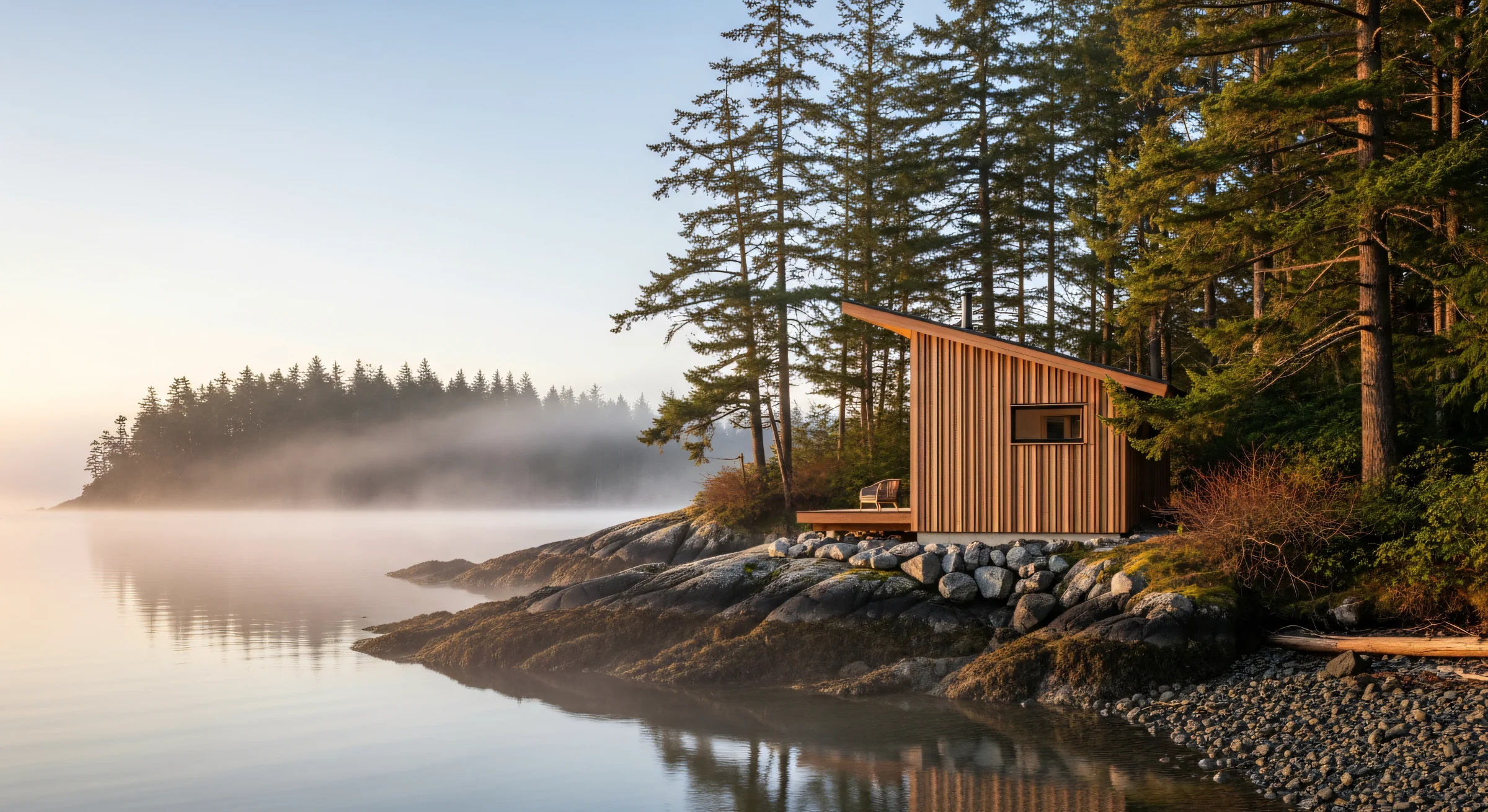 A small cedar cabin on a misty forested island shoreline at dawn — a non-prestige Orcas Island listing of the kind a single strategist can manage alongside others in a portfolio.