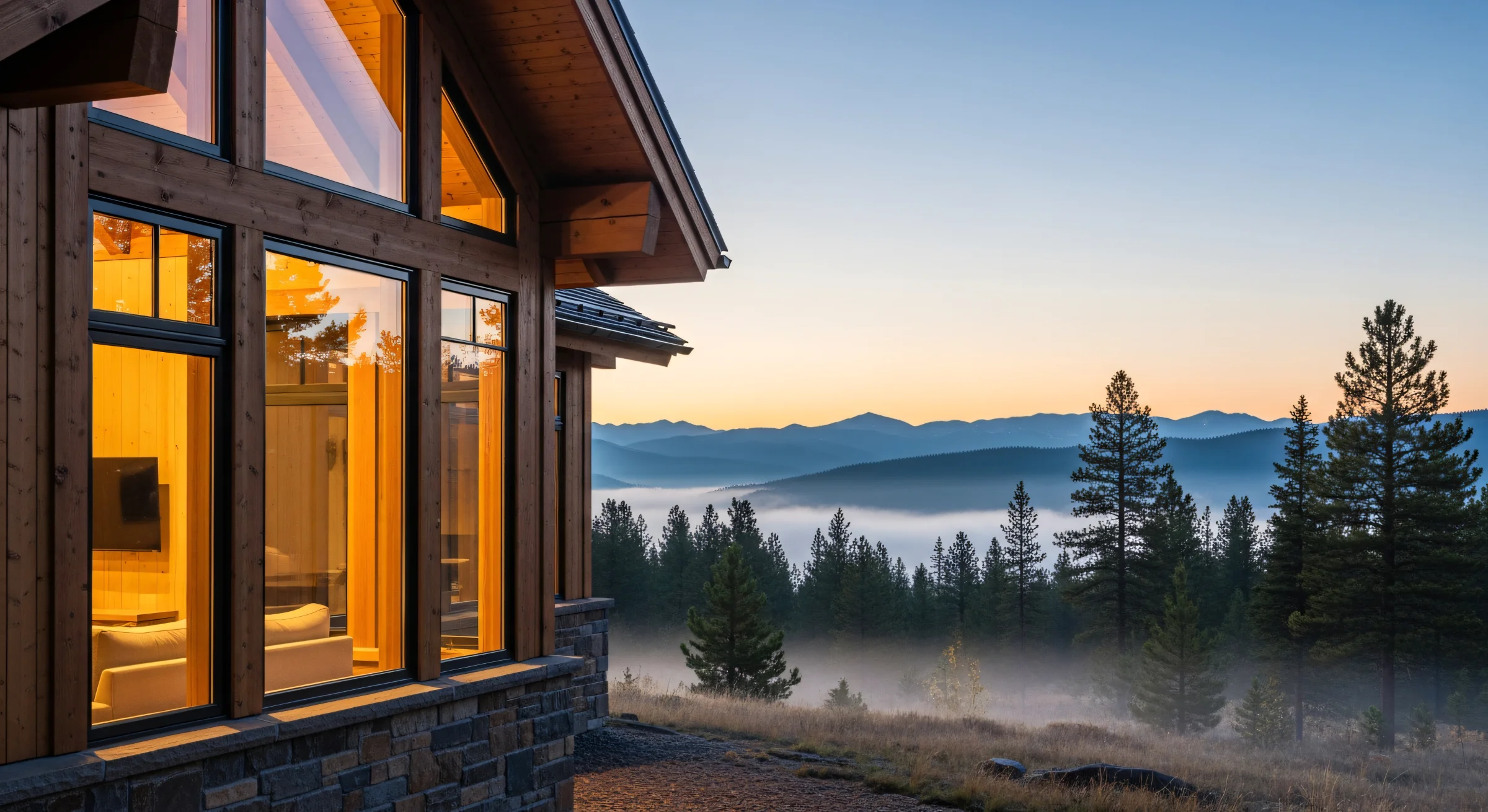 A timber-and-stone mountain cabin glowing at dusk above a valley of low cloud — a host keeps full ownership and control while a revenue manager works through co-host access.