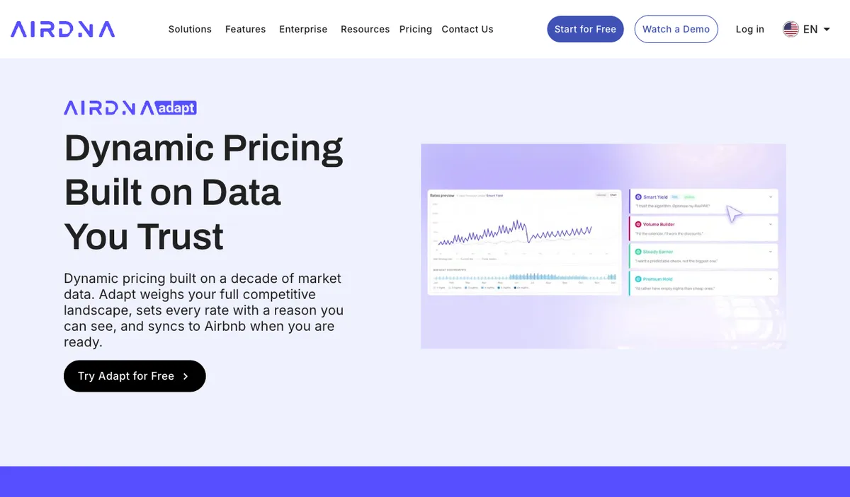 The AirDNA Adapt product page headed Dynamic Pricing Built on Data You Trust, with a rates preview beside the four strategy cards Smart Yield, Volume Builder, Steady Earner and Premium Hold