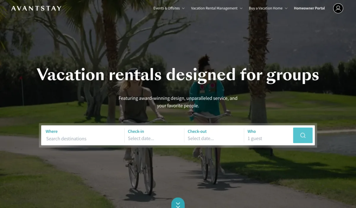 AvantStay homepage — premium full-service Airbnb property management for portfolio operators with 10+ premium units