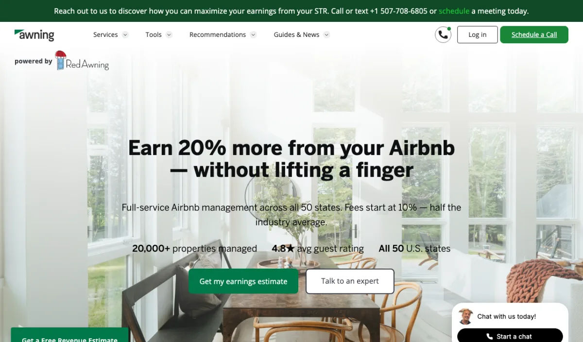 Awning homepage — full-service Airbnb management for STR investors with transparent revenue reporting