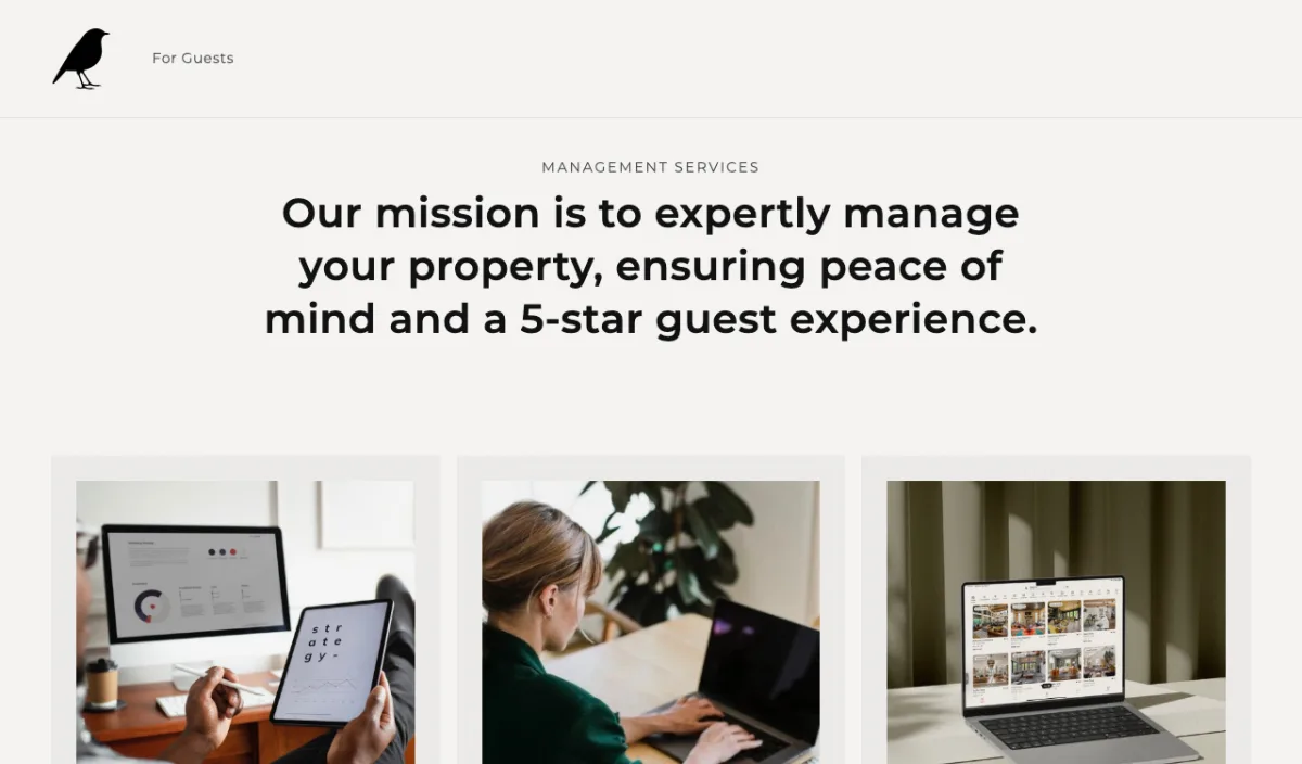 Blackbird Hospitality homepage, full-service short-term rental management with a dedicated revenue-management engine