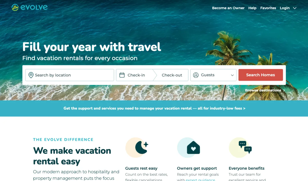 Evolve.com homepage — lower-fee co-host hybrid Airbnb management with centralized dynamic pricing