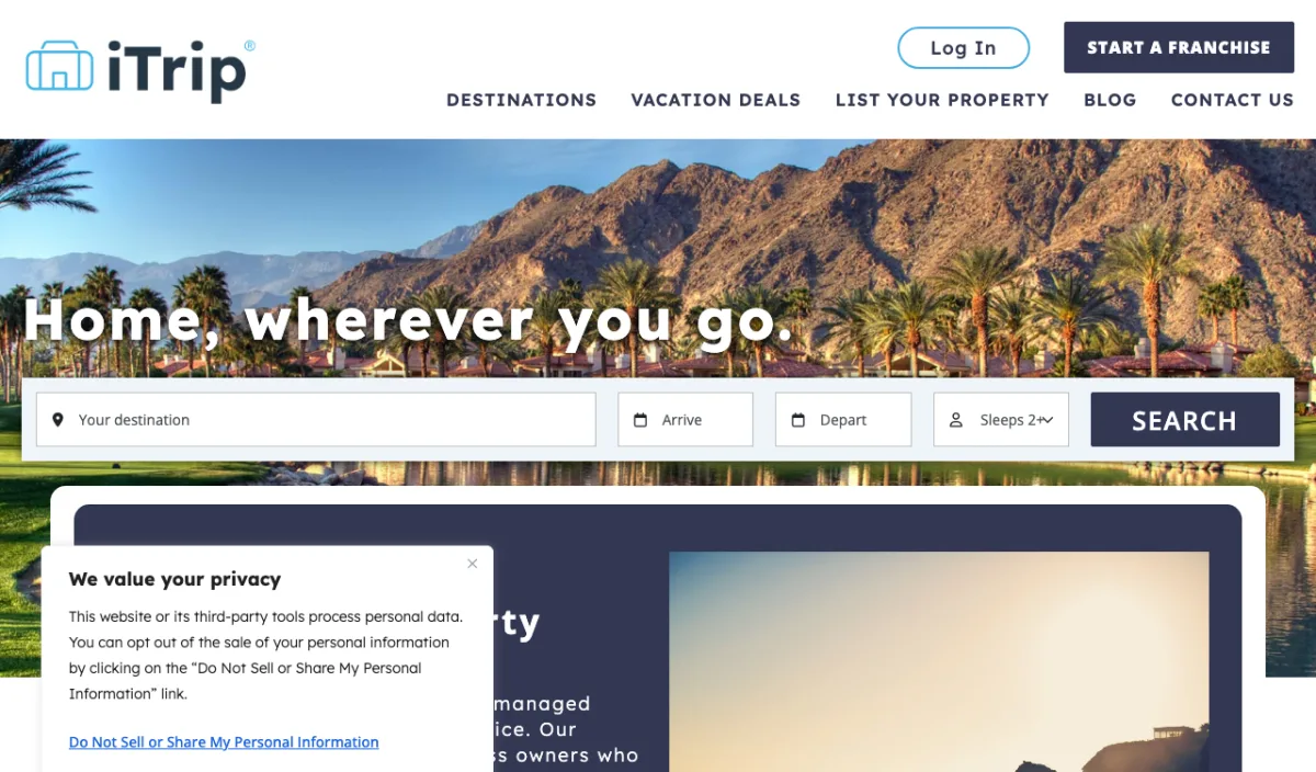 iTrip homepage — franchise model full-service Airbnb management with local-market pricing knowledge