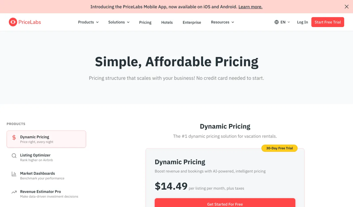 The PriceLabs pricing page showing a $14.49 per listing per month headline above a listings calculator, with the four-product menu of Dynamic Pricing, Listing Optimizer, Market Dashboards and Revenue Estimator Pro