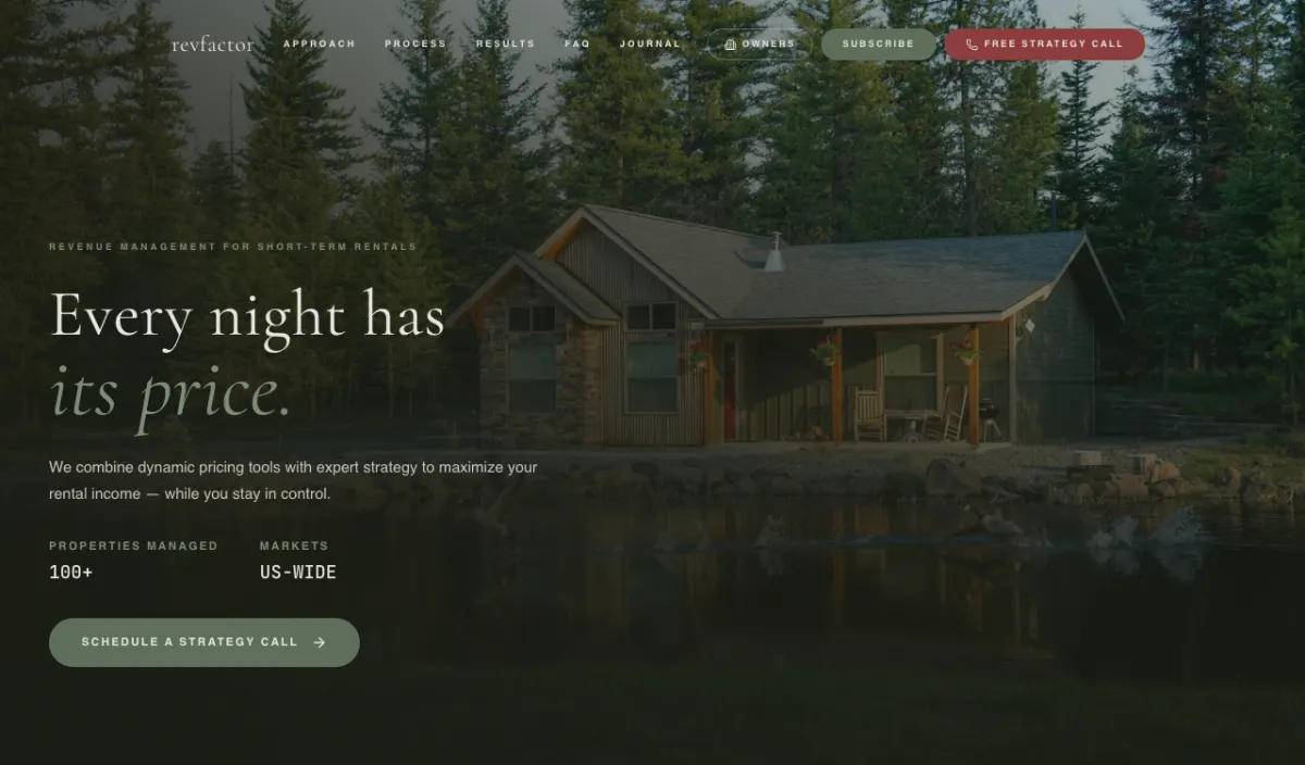 RevFactor homepage — managed revenue management for short-term rental hosts with publicly published flat-fee pricing